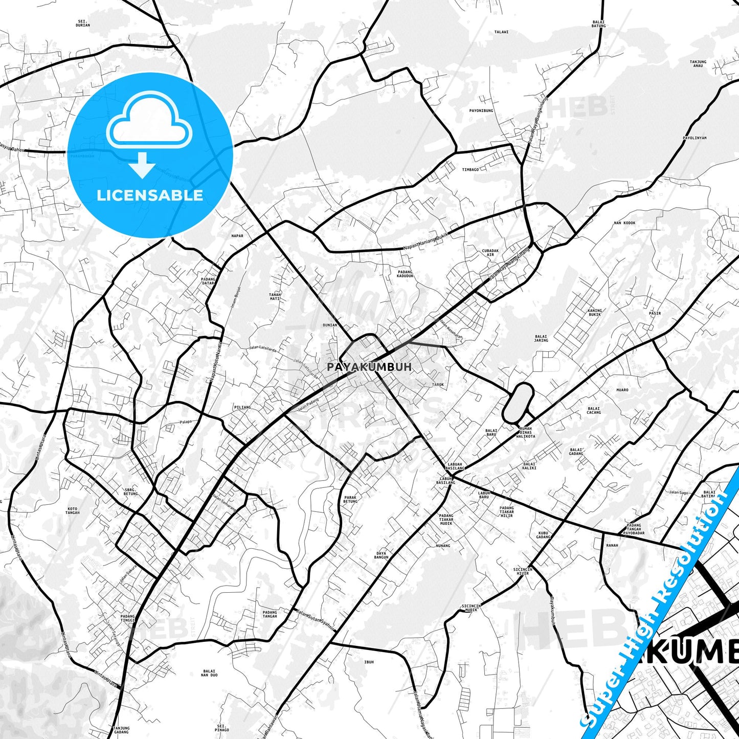 Payakumbuh, Indonesia Light Map with Street Names, City Names, and Districts
