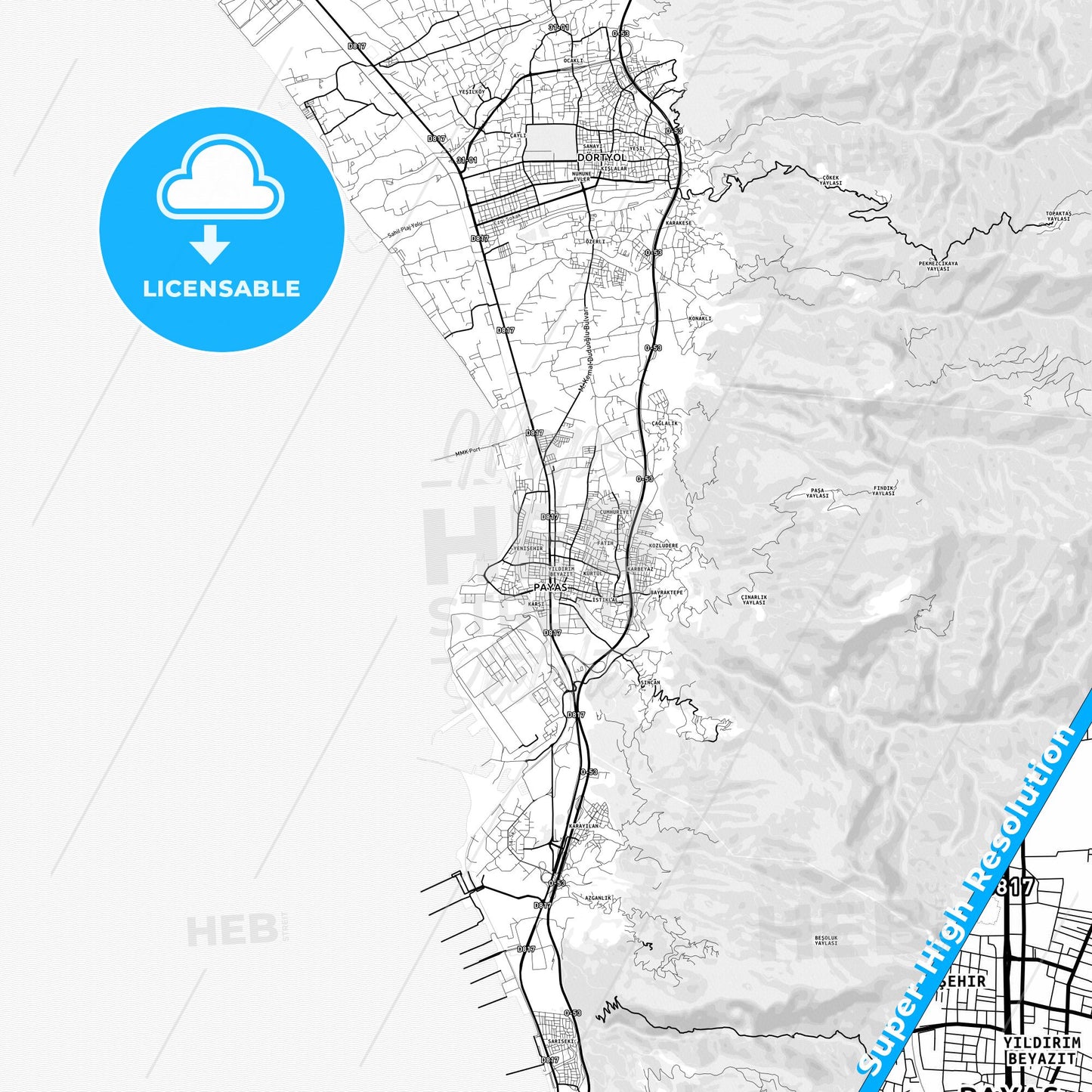 Payas, Turkey light map with streetnames, citynames and districts