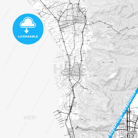 Payas, Turkey light map with streetnames, citynames and districts