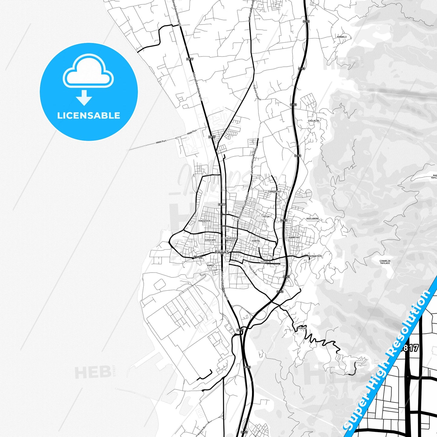 Payas, Turkey Light Map with Street Names, City Names, and Districts