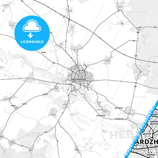 Pazardzhik, Bulgaria light map with streetnames, citynames and districts