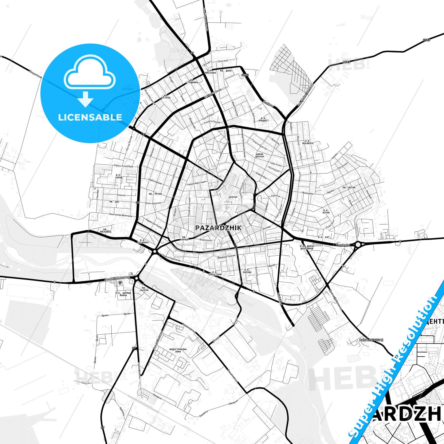 Pazardzhik, Bulgaria Light Map with Street Names, City Names, and Districts