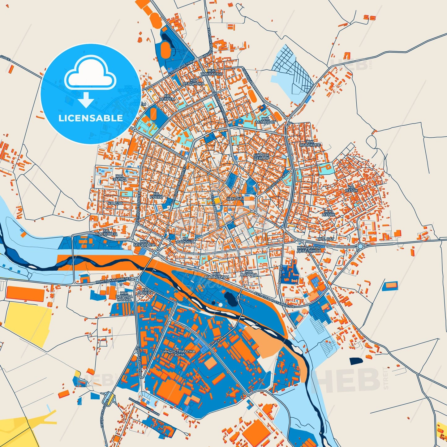 Colorful Pazardzhik Street Map with Labels and Buildings