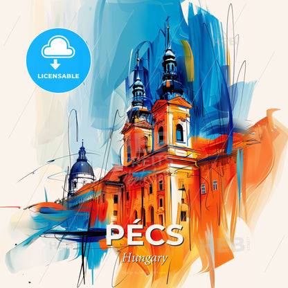 Vibrant Pécs, Hungary - A Painting Of A Building - Square format print template
