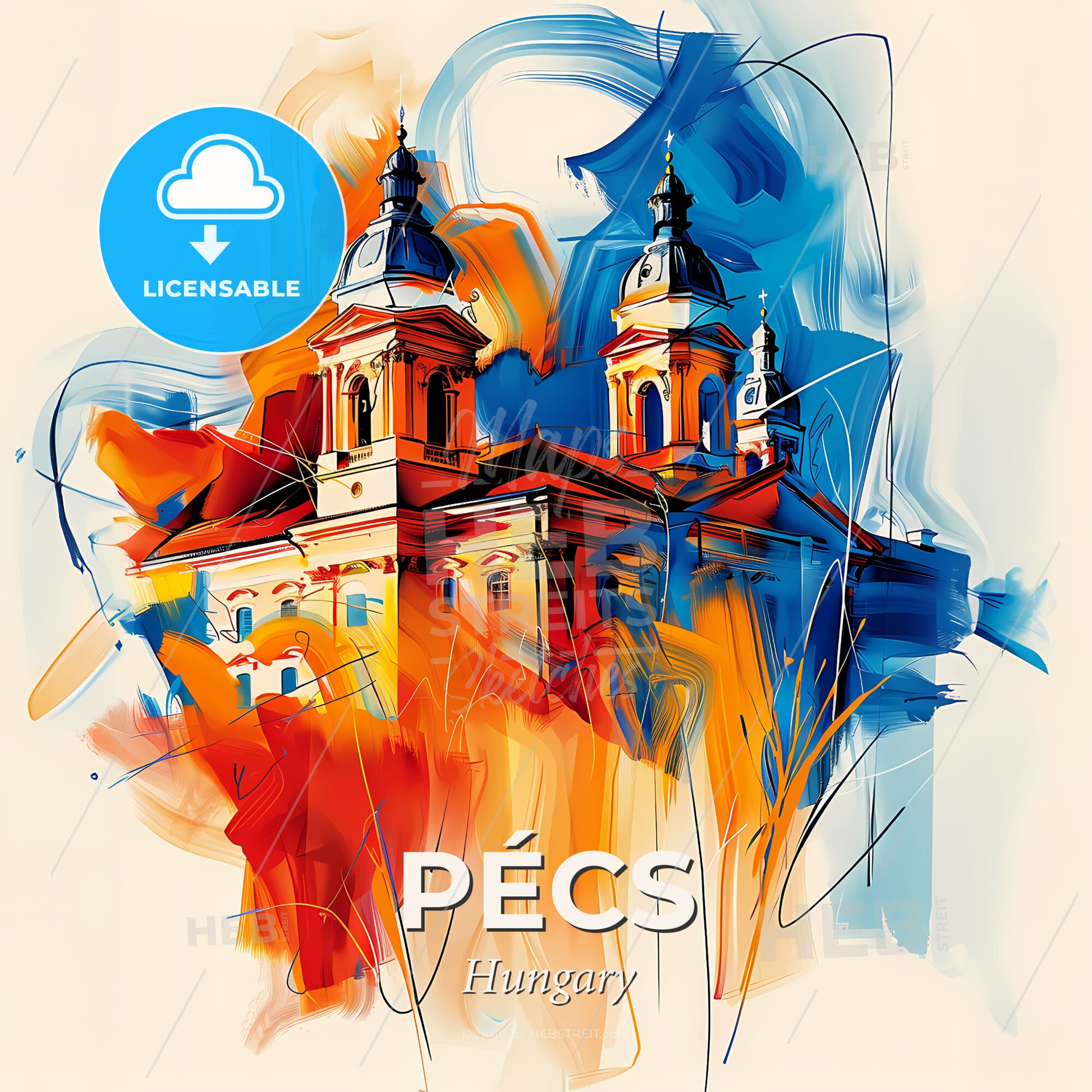 Vibrant Pécs, Hungary - A Painting Of A Building With Towers - Square format print template