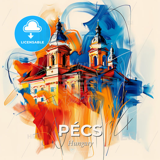 Vibrant Pécs, Hungary - A Painting Of A Building With Towers - Square format print template