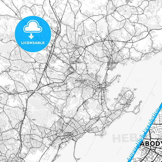 Peabody, Massachusetts light map with streetnames, citynames and districts