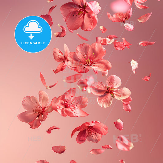 Artful Elegance: Surreal Peach Blossom Petals in Flight, Captured with Professional Camera, High Resolution, High Detail, Solid Color Background