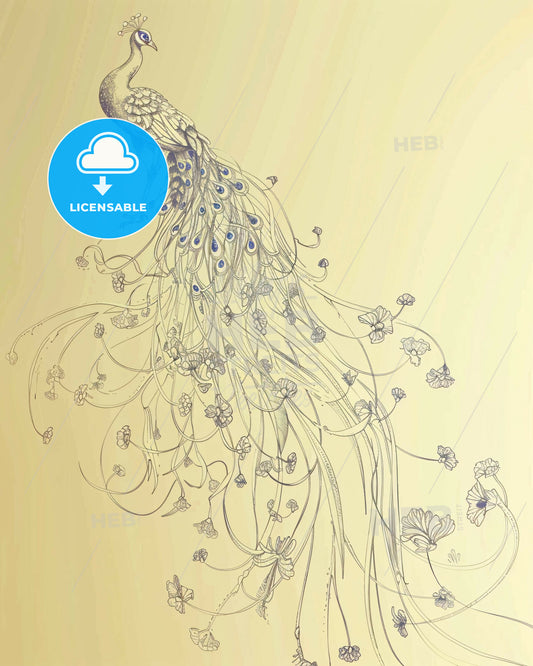 Peacock Line Art: Serene Hues on Beige Charm - A drawing of a peacock