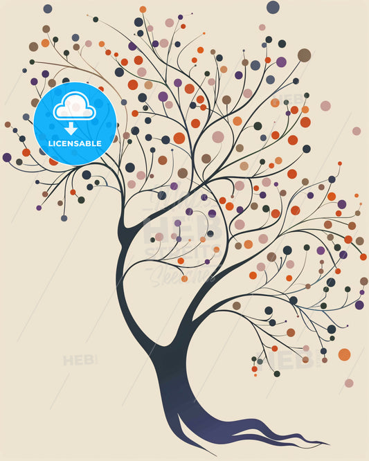 Abstract Beige Pear Art in Shades of Grey - A tree with colorful circles and dots