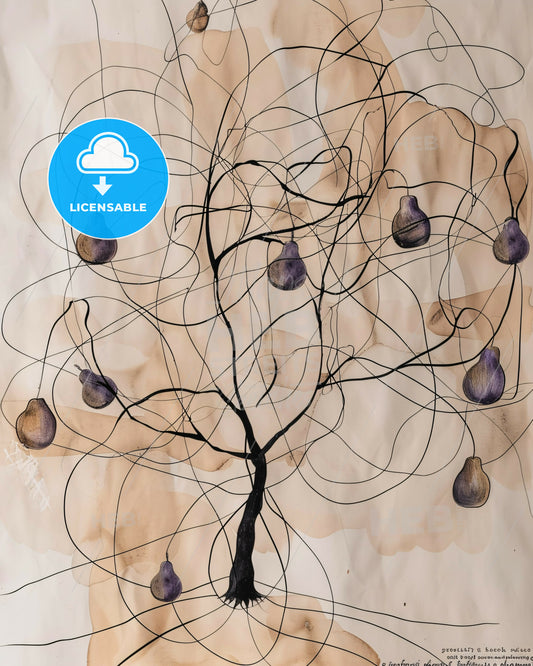 Simple Elegance: Bold Lines on Beige - A tree with pears on it