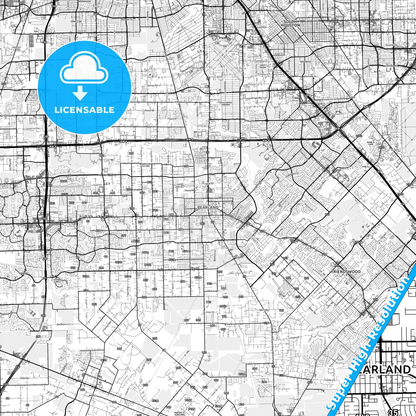 Pearland, Texas light map with streetnames, citynames and districts