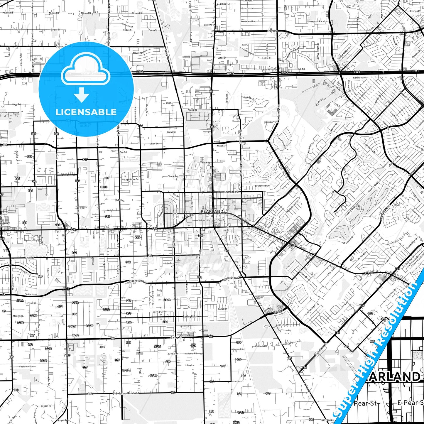 Pearland, Texas Light Map with Street Names, City Names, and Districts
