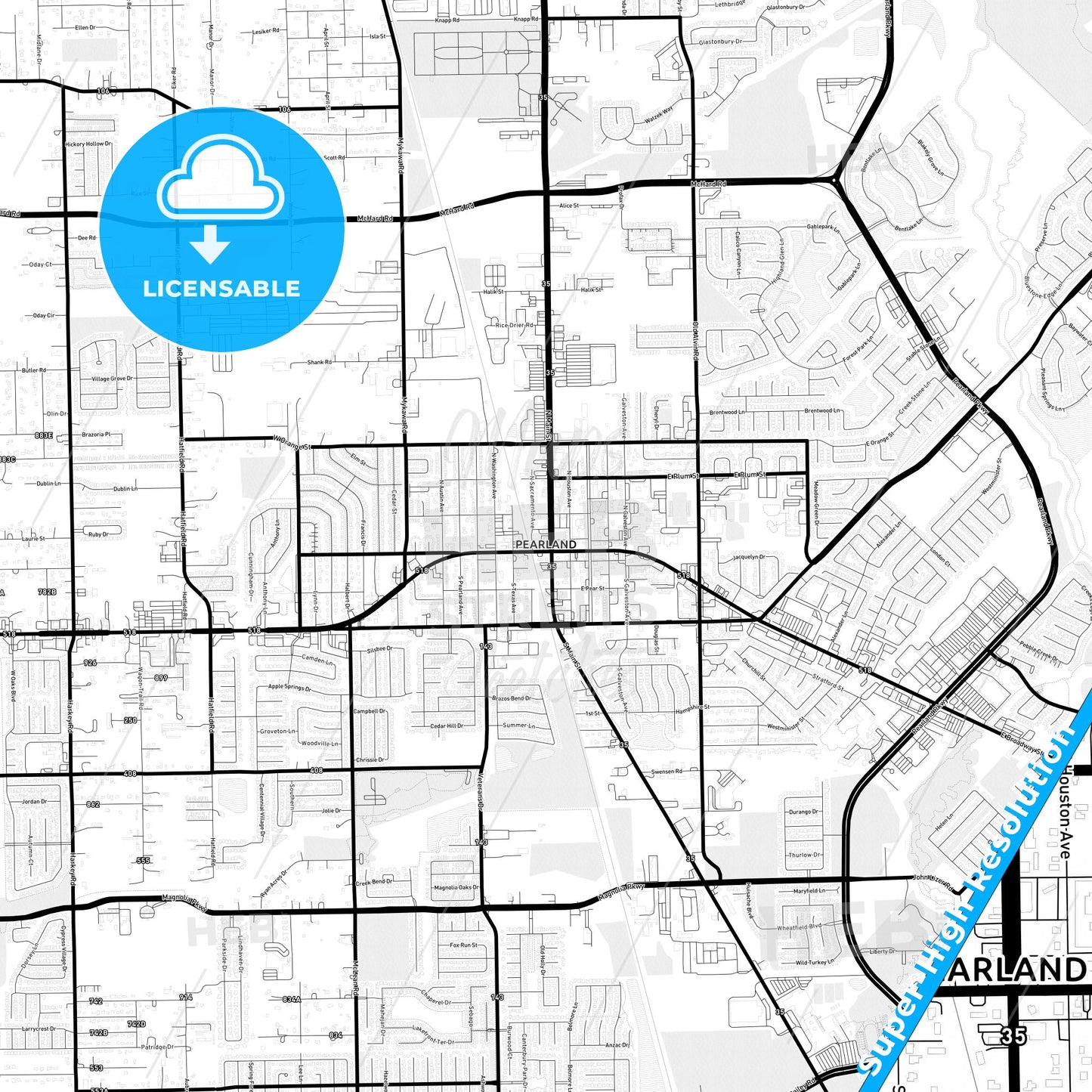 Pearland, Texas Light Map with Street Names, City Names, and Districts