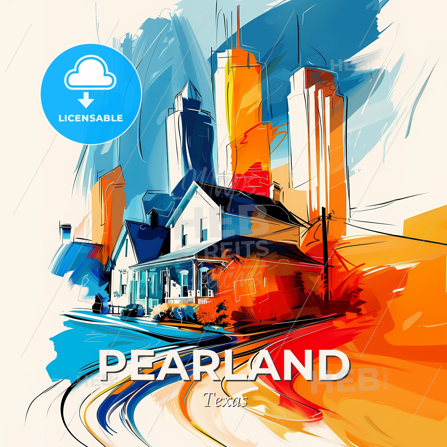 Vibrant Pearland, Texas - A Painting Of A House And A City - Square format print template