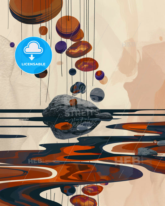 Pebble's Serene Ripples in Color - A rock and water with colorful circles from it