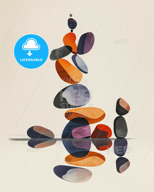 Pebble's Harmonious Dance on Water - A group of colorful stones