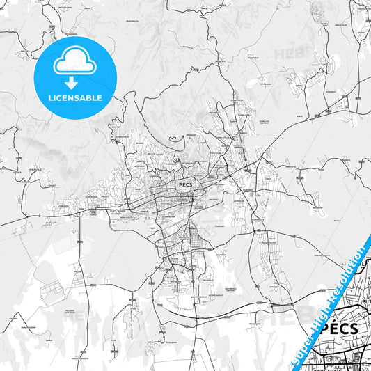 Pécs, Hungary light map with streetnames, citynames and districts