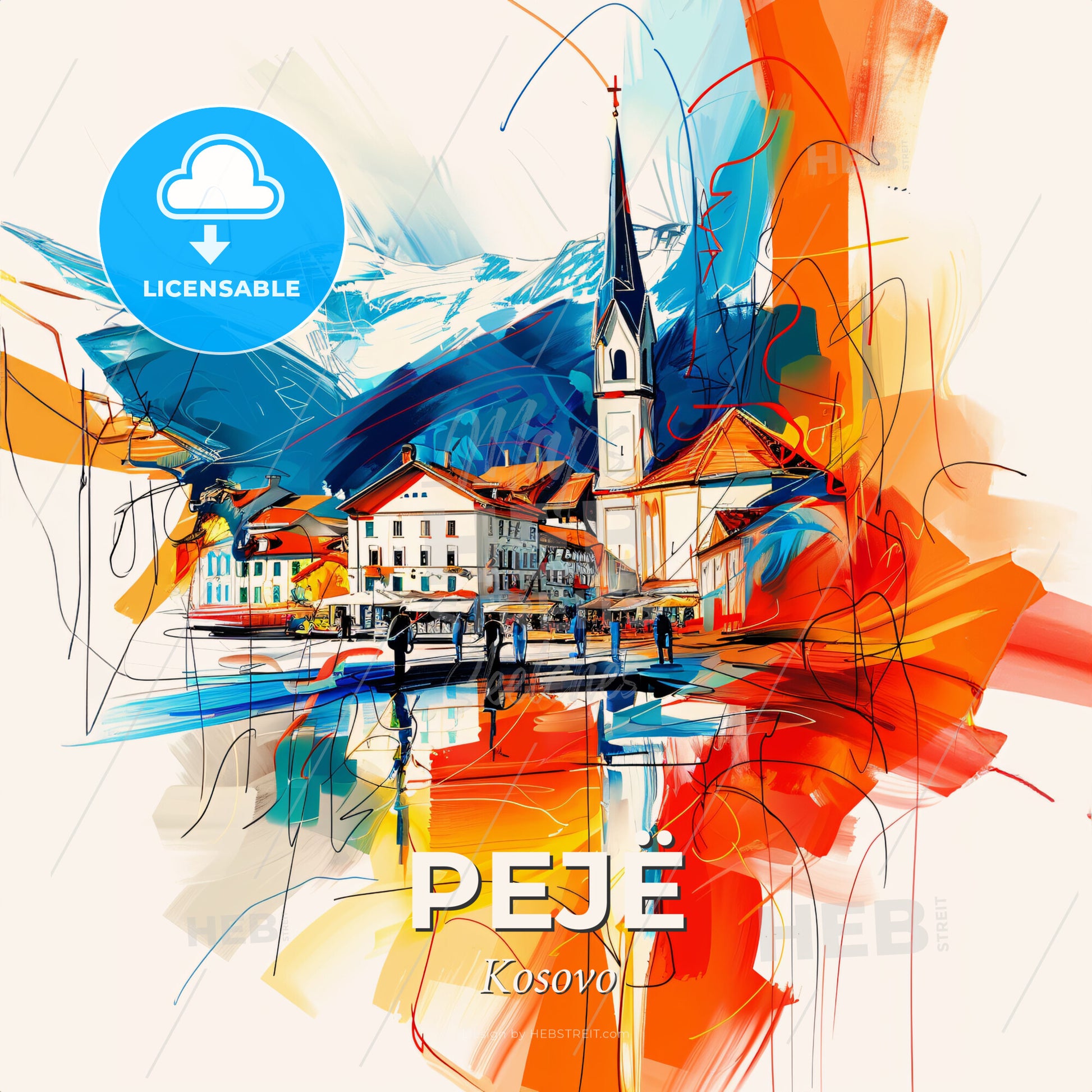 Vibrant Pejë, Kosovo - A Painting Of A Skyline With A Colorful Building - Square format print template