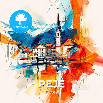 Vibrant Pejë, Kosovo - A Painting Of A Skyline With A Colorful Building - Square format print template