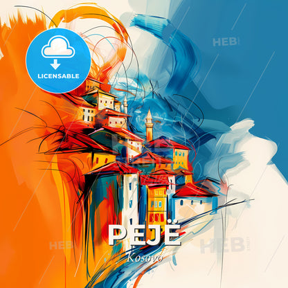 Vibrant Pejë, Kosovo - A Painting Of A Town - Square format print template