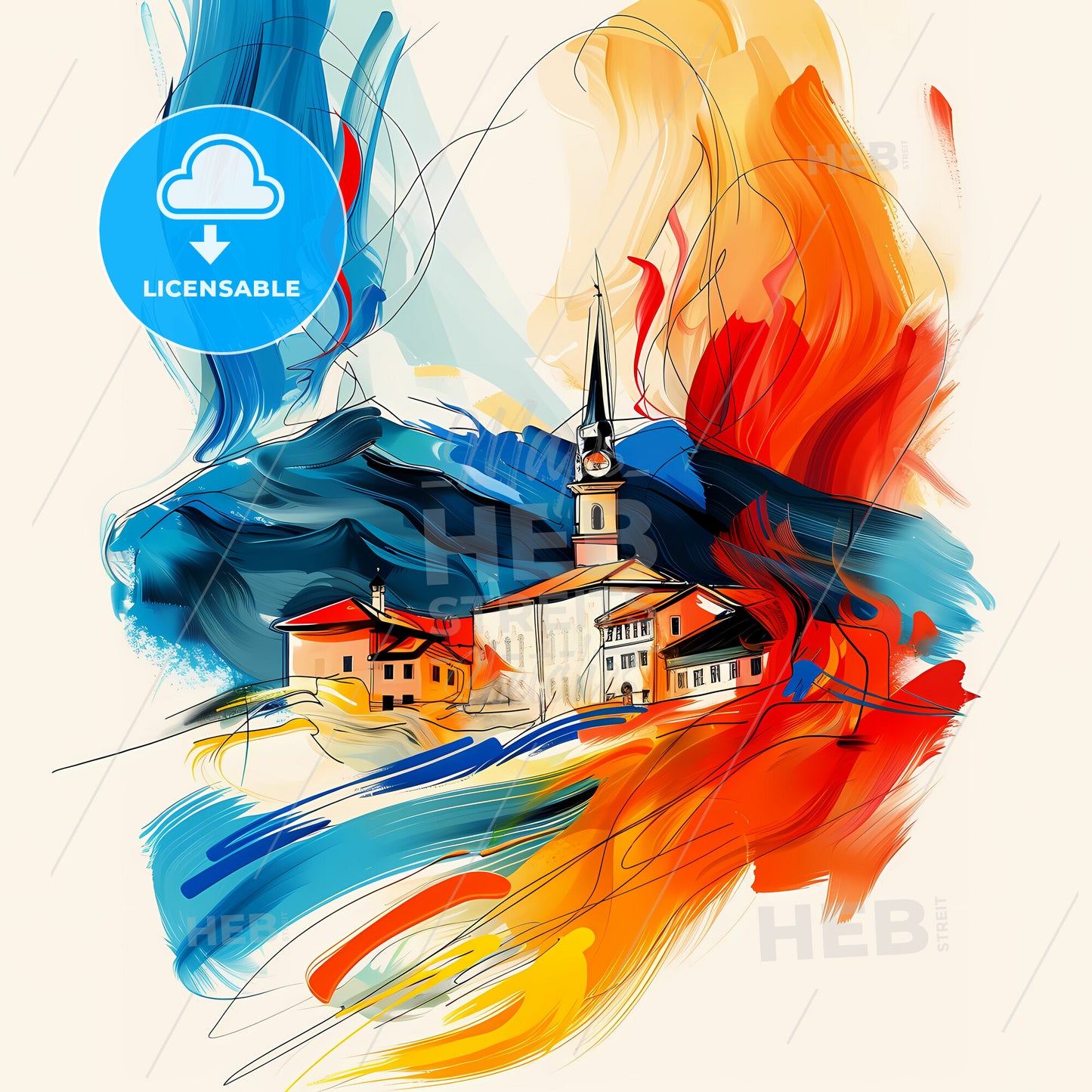 Vibrant Pejë, Kosovo - A Painting Of A Building With A Steeple And Colorful Brushstrokes