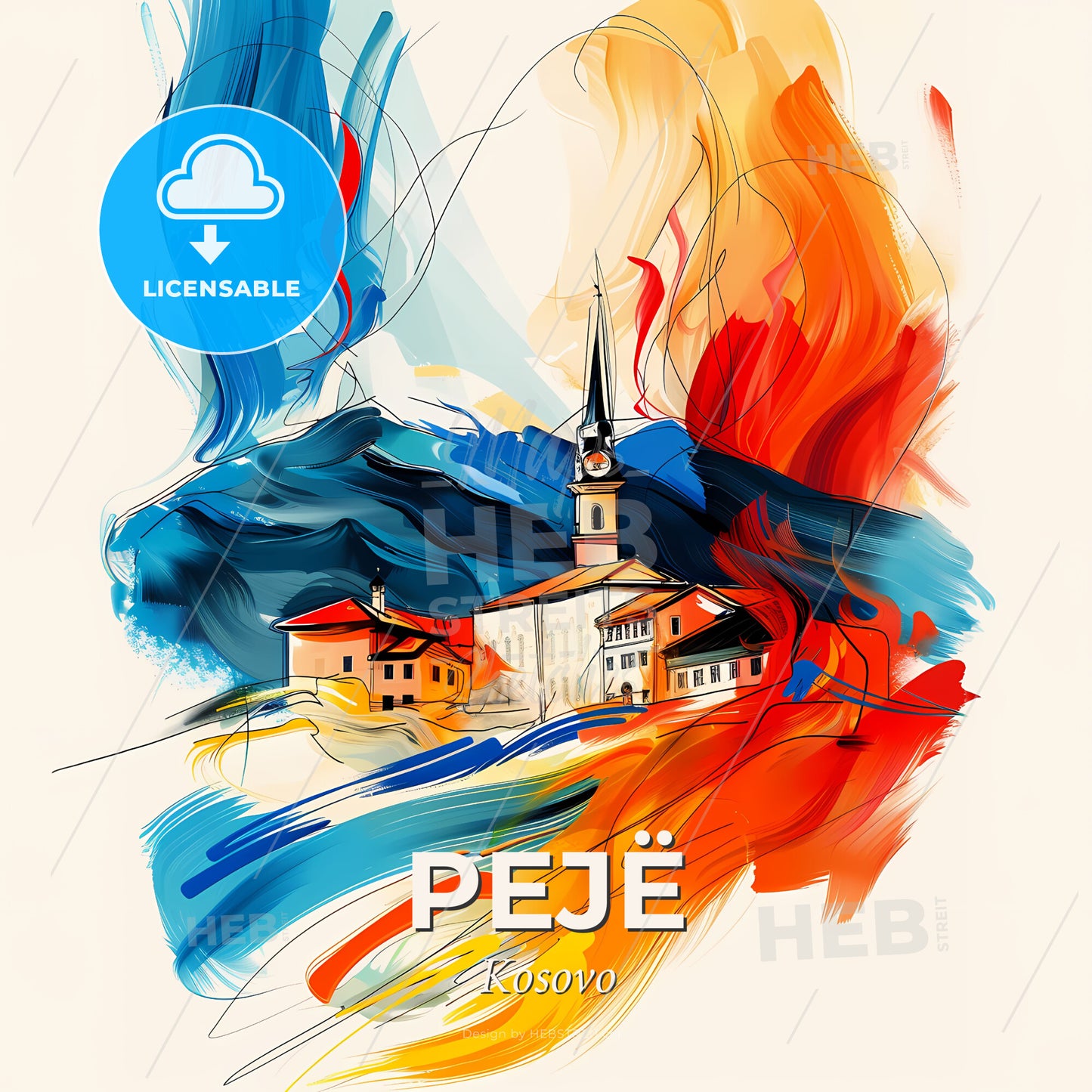Vibrant Pejë, Kosovo - A Painting Of A Building With A Steeple And Colorful Brushstrokes - Square format print template