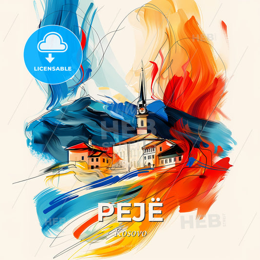 Vibrant Pejë, Kosovo - A Painting Of A Building With A Steeple And Colorful Brushstrokes - Square format print template