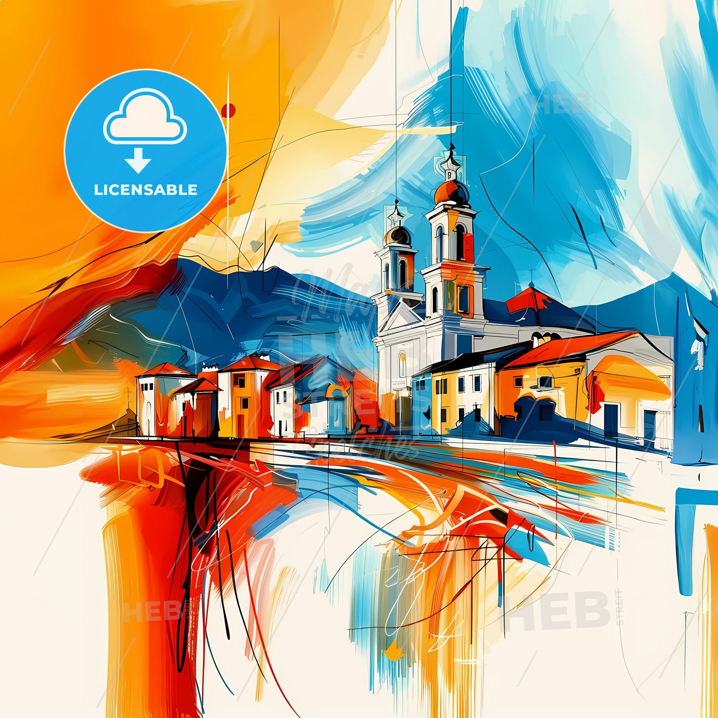 Vibrant Pejë, Kosovo - A Painting Of A Building With A Steeple And A Mountain In The Background