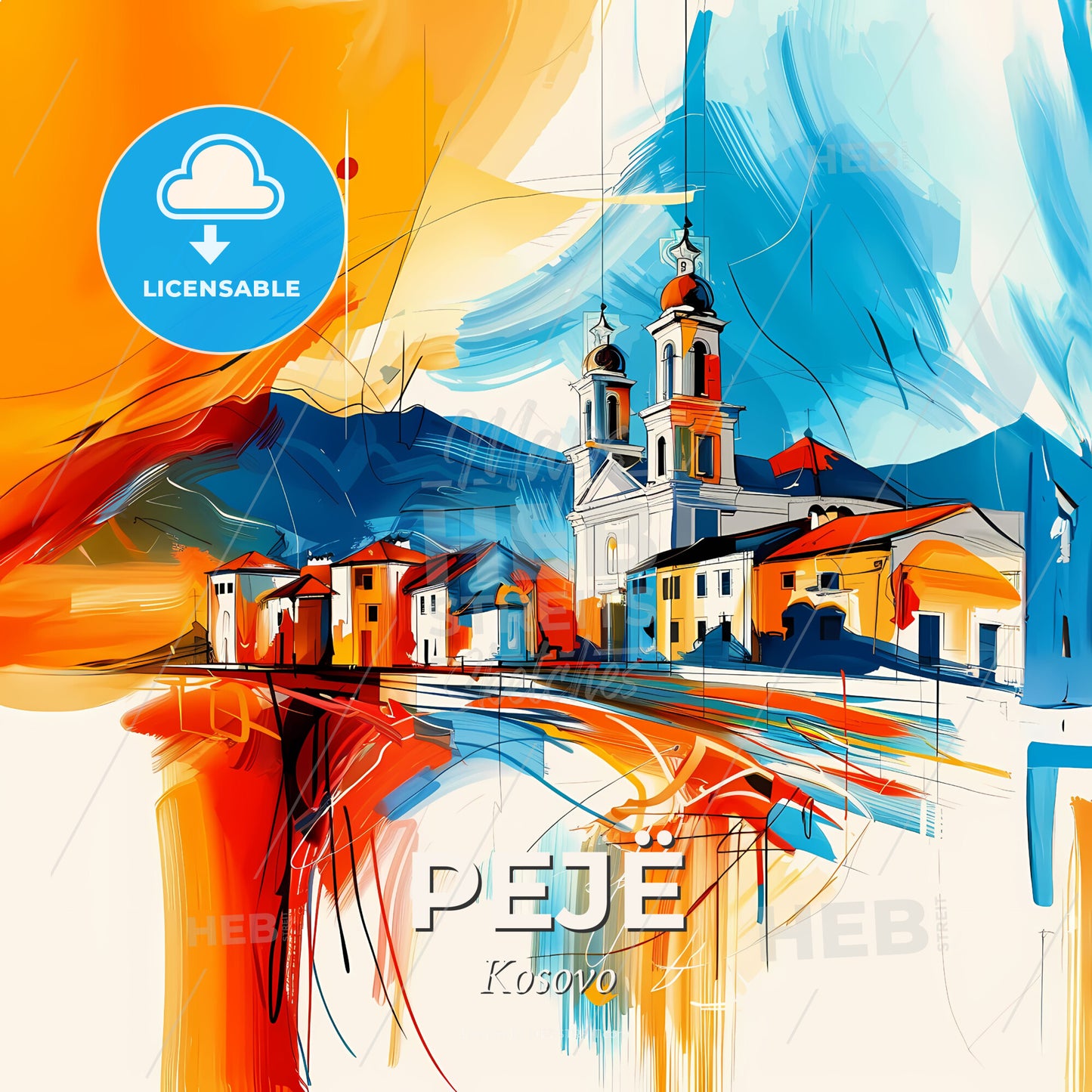 Vibrant Pejë, Kosovo - A Painting Of A Building With A Steeple And A Mountain In The Background - Square format print template