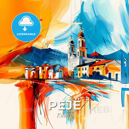 Vibrant Pejë, Kosovo - A Painting Of A Building With A Steeple And A Mountain In The Background - Square format print template