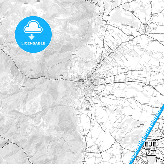 Pejë / Peć, Kosovo light map with streetnames, citynames and districts
