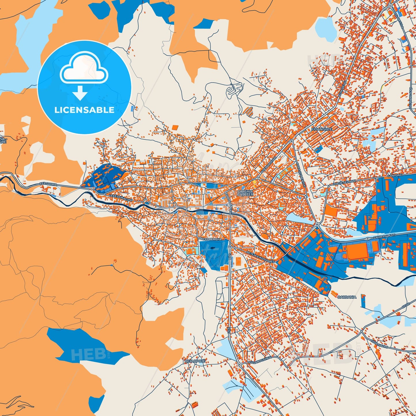 Colorful Pejë / Peć Street Map with Labels and Buildings