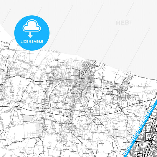 Pekalongan, Indonesia light map with streetnames, citynames and districts