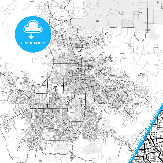 Pekanbaru, Indonesia light map with streetnames, citynames and districts