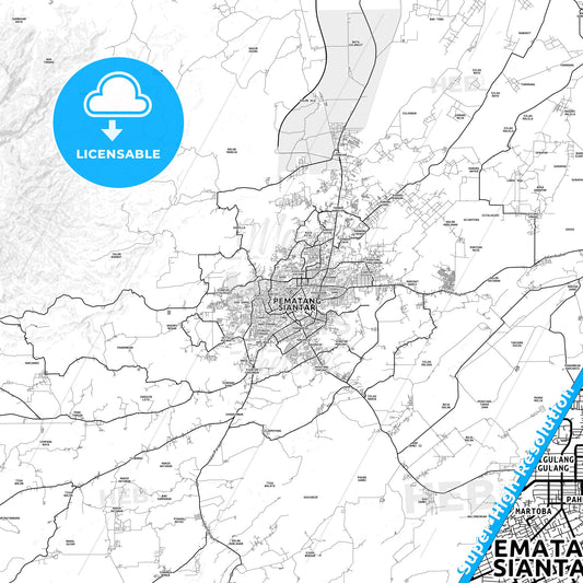 Pematangsiantar, Indonesia light map with streetnames, citynames and districts