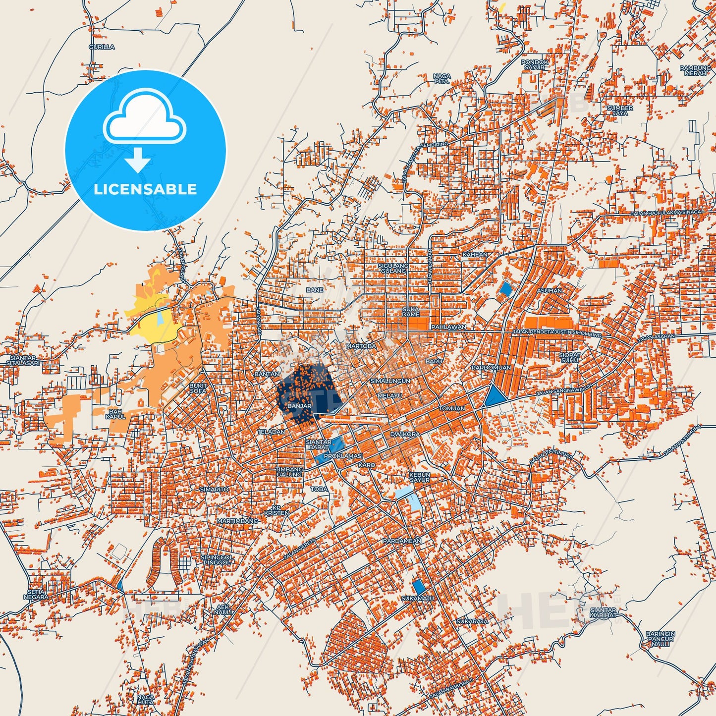 Colorful Pematangsiantar Street Map with Labels and Buildings
