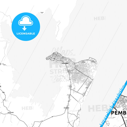Pemba, Mozambique light map with streetnames, citynames and districts
