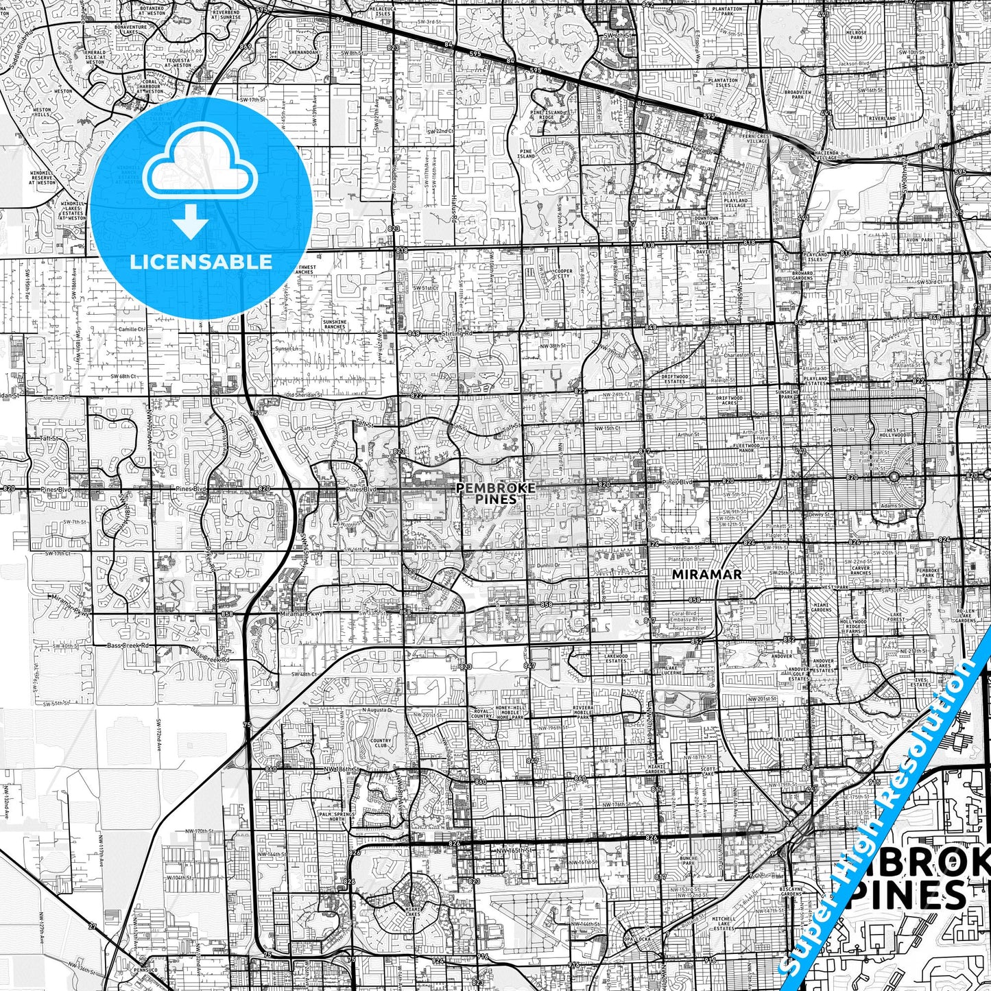 Pembroke Pines, Florida light map with streetnames, citynames and districts