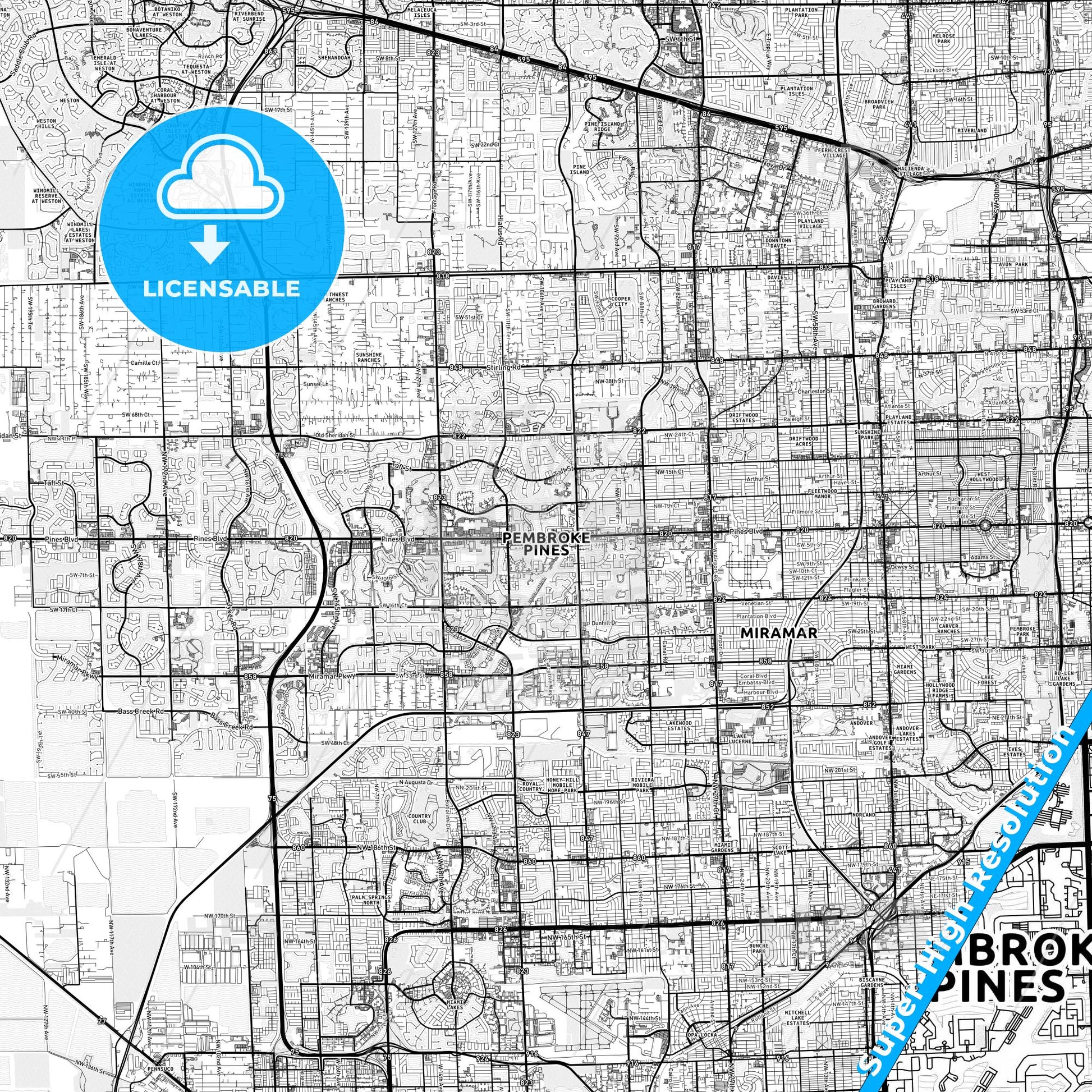 Pembroke Pines, Florida light map with streetnames, citynames and districts