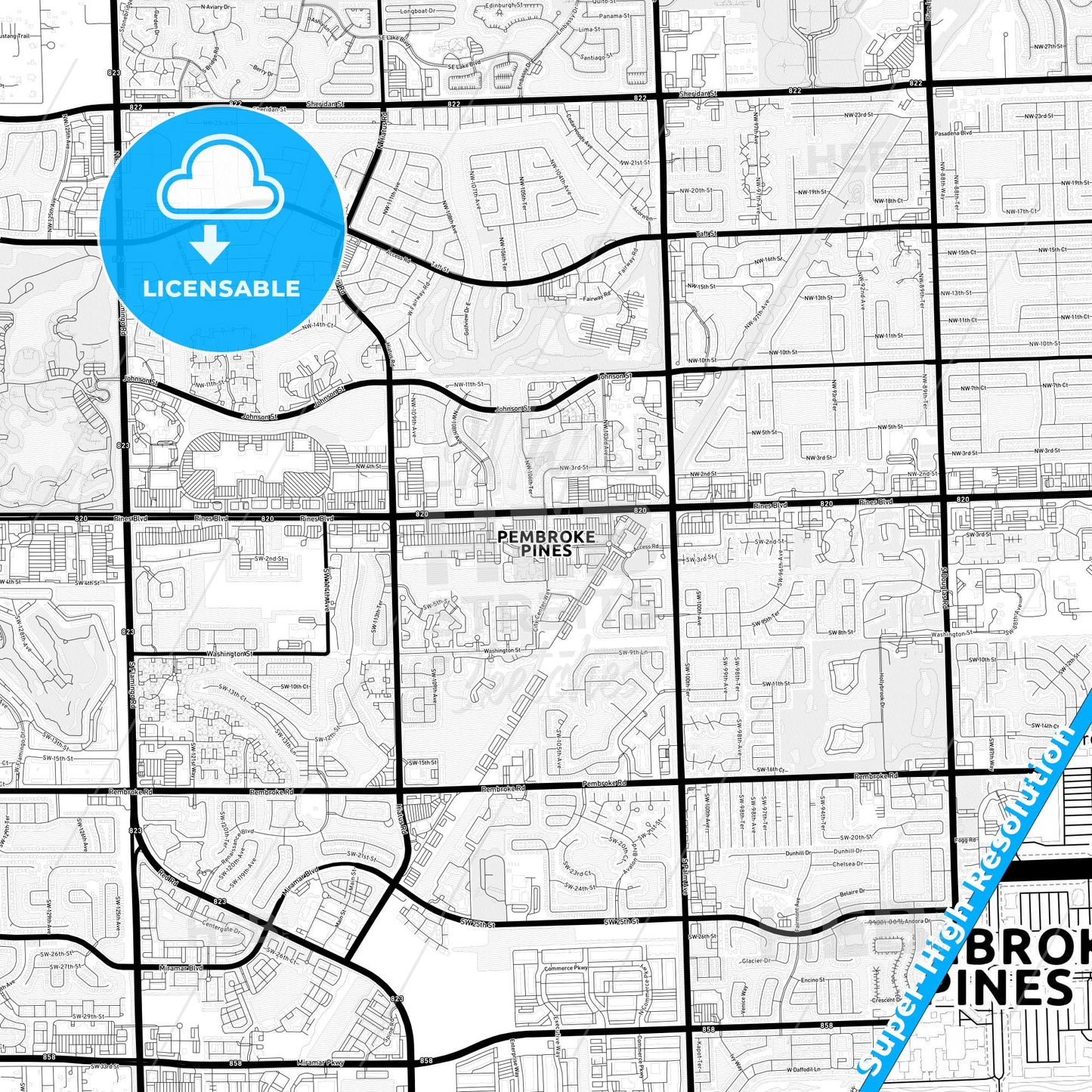 Pembroke Pines, Florida Light Map with Street Names, City Names, and Districts