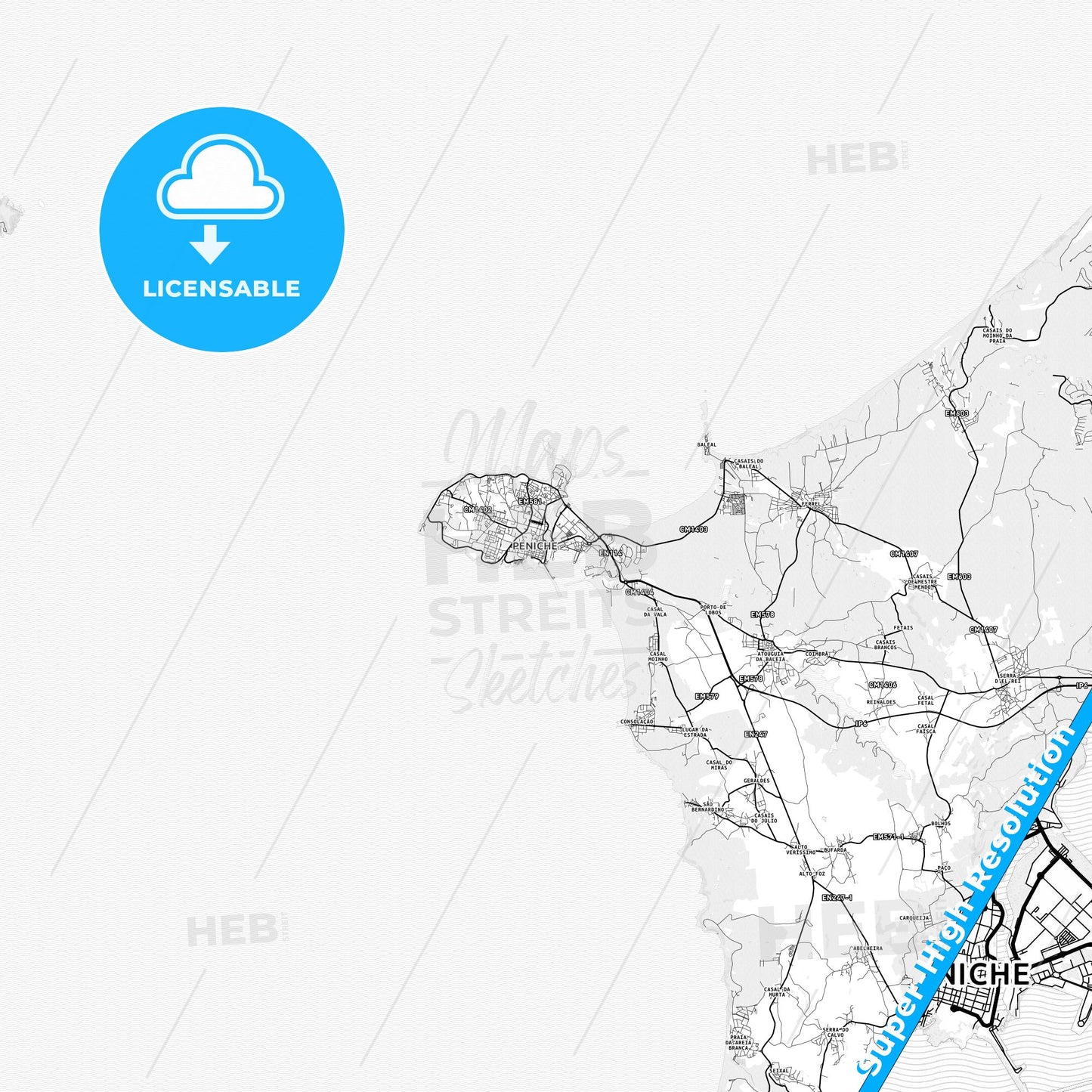 Peniche, Portugal light map with streetnames, citynames and districts
