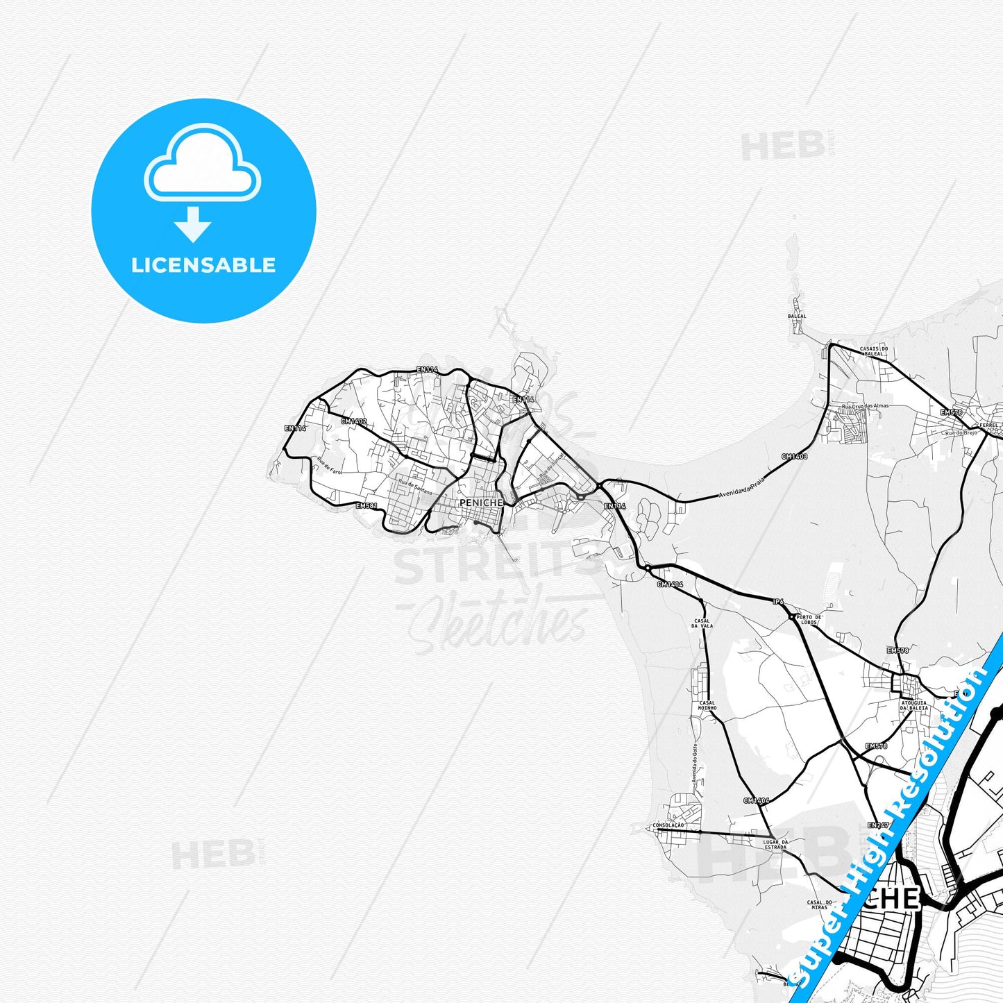 Peniche, Portugal Light Map with Street Names, City Names, and Districts