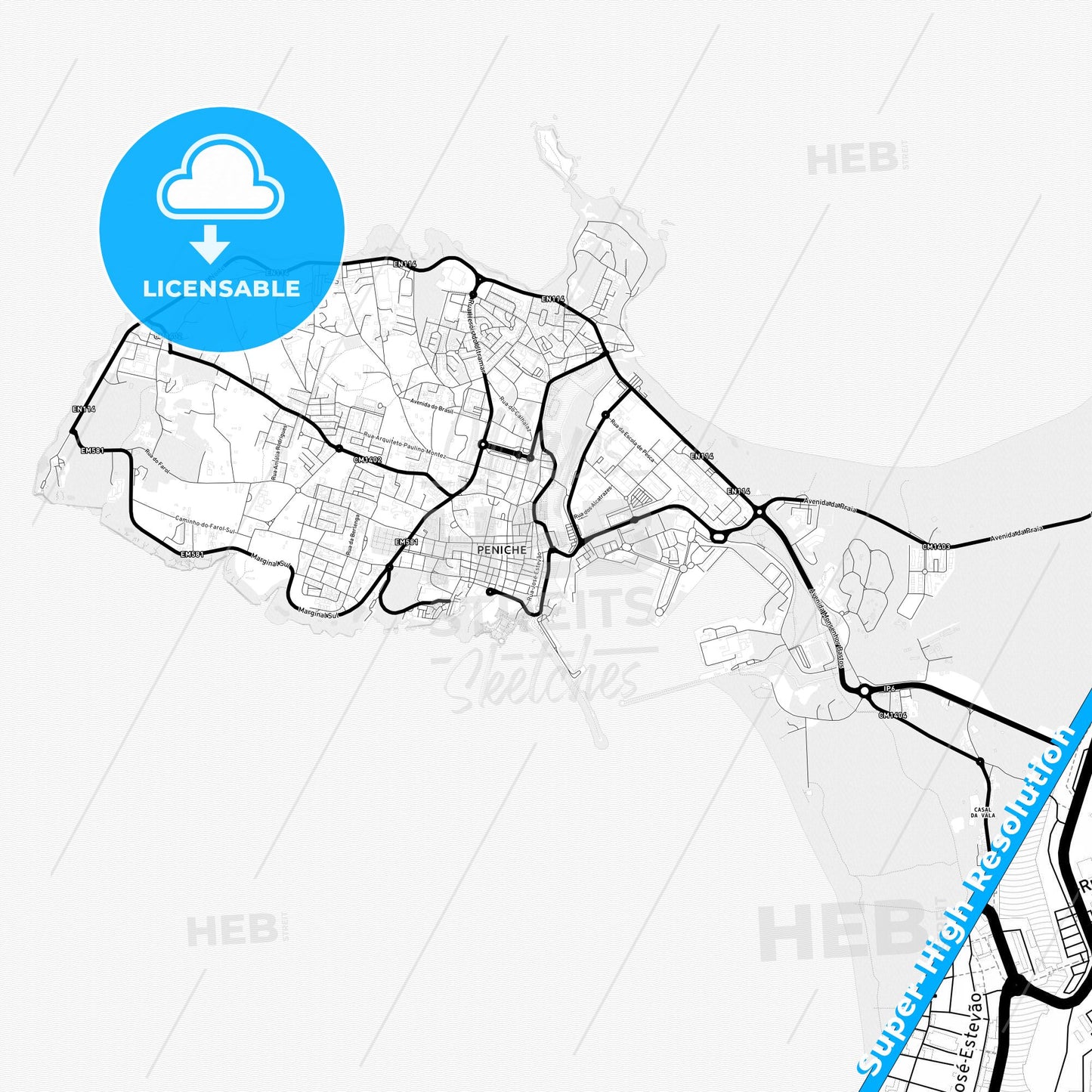 Peniche, Portugal Light Map with Street Names, City Names, and Districts