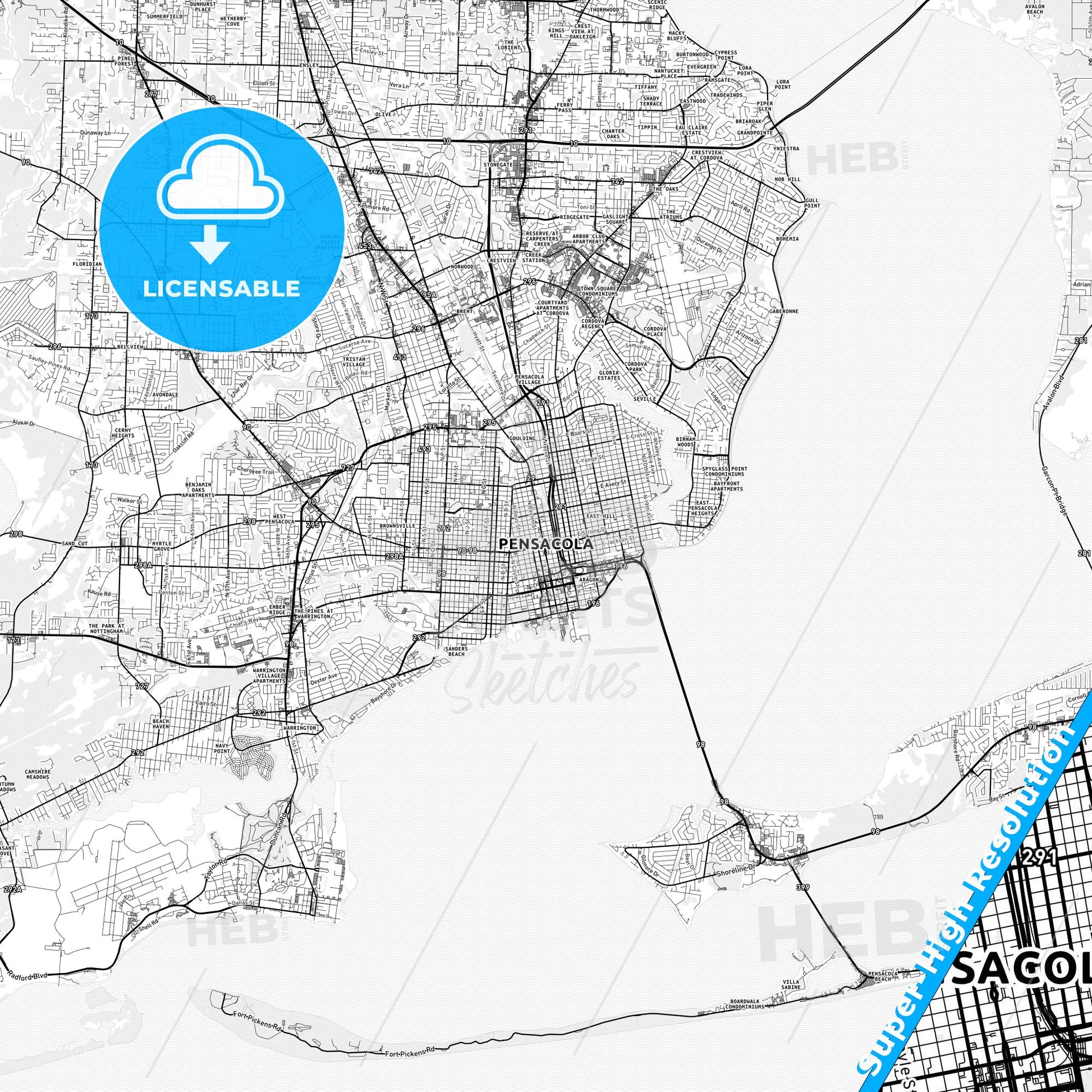 Pensacola, Florida light map with streetnames, citynames and districts
