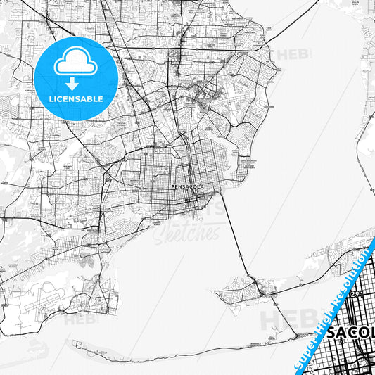 Pensacola, Florida light map with streetnames, citynames and districts
