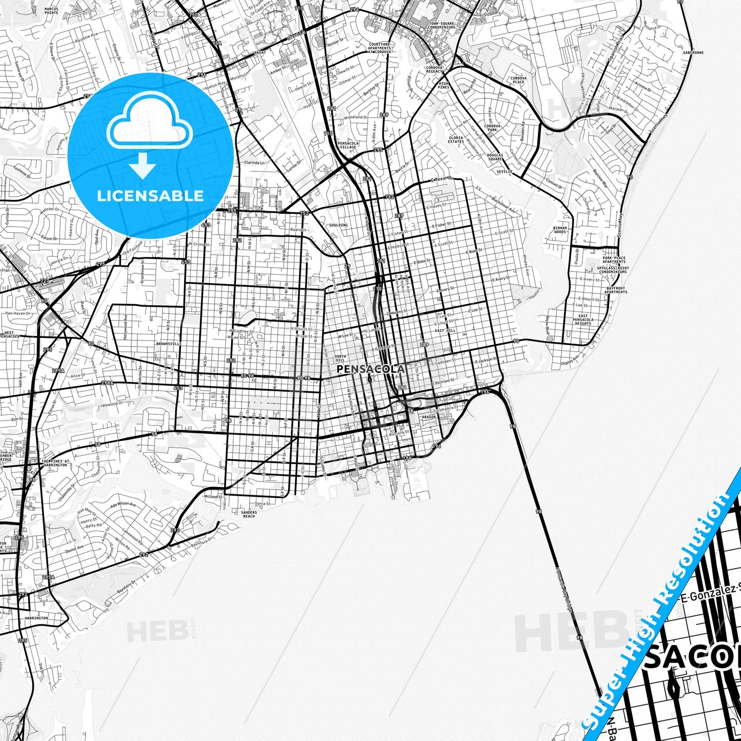 Pensacola, Florida Light Map with Street Names, City Names, and Districts