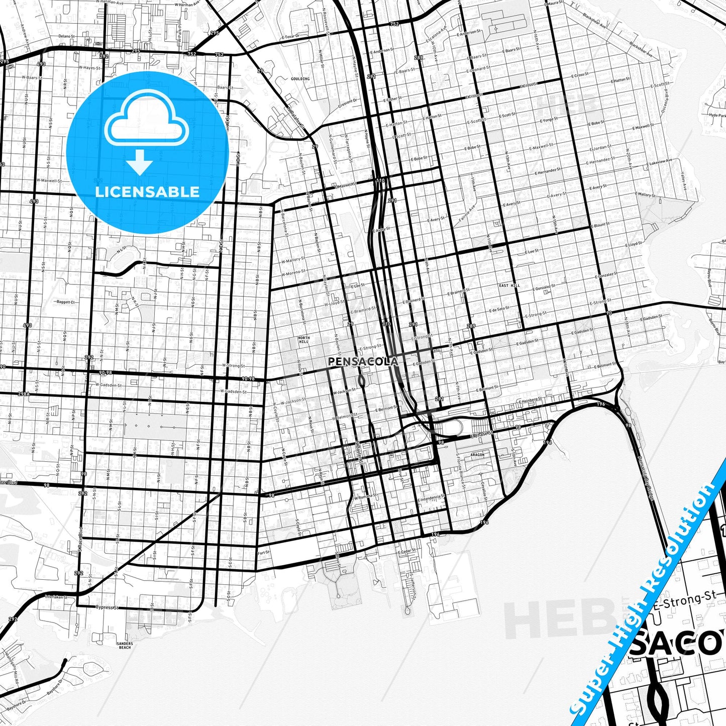 Pensacola, Florida Light Map with Street Names, City Names, and Districts