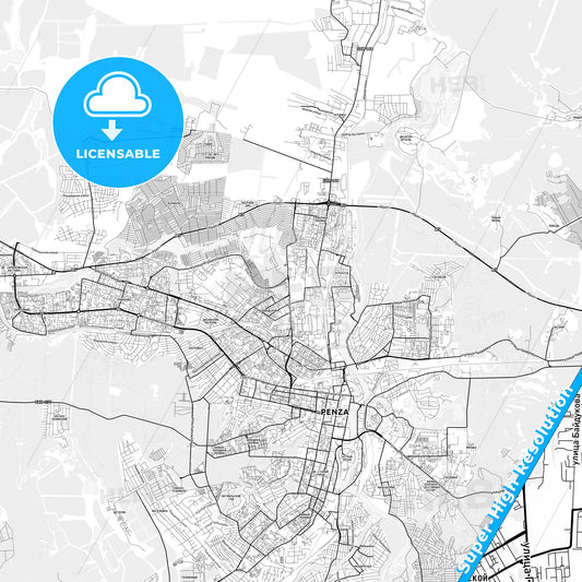 Penza, Russia light map with streetnames, citynames and districts