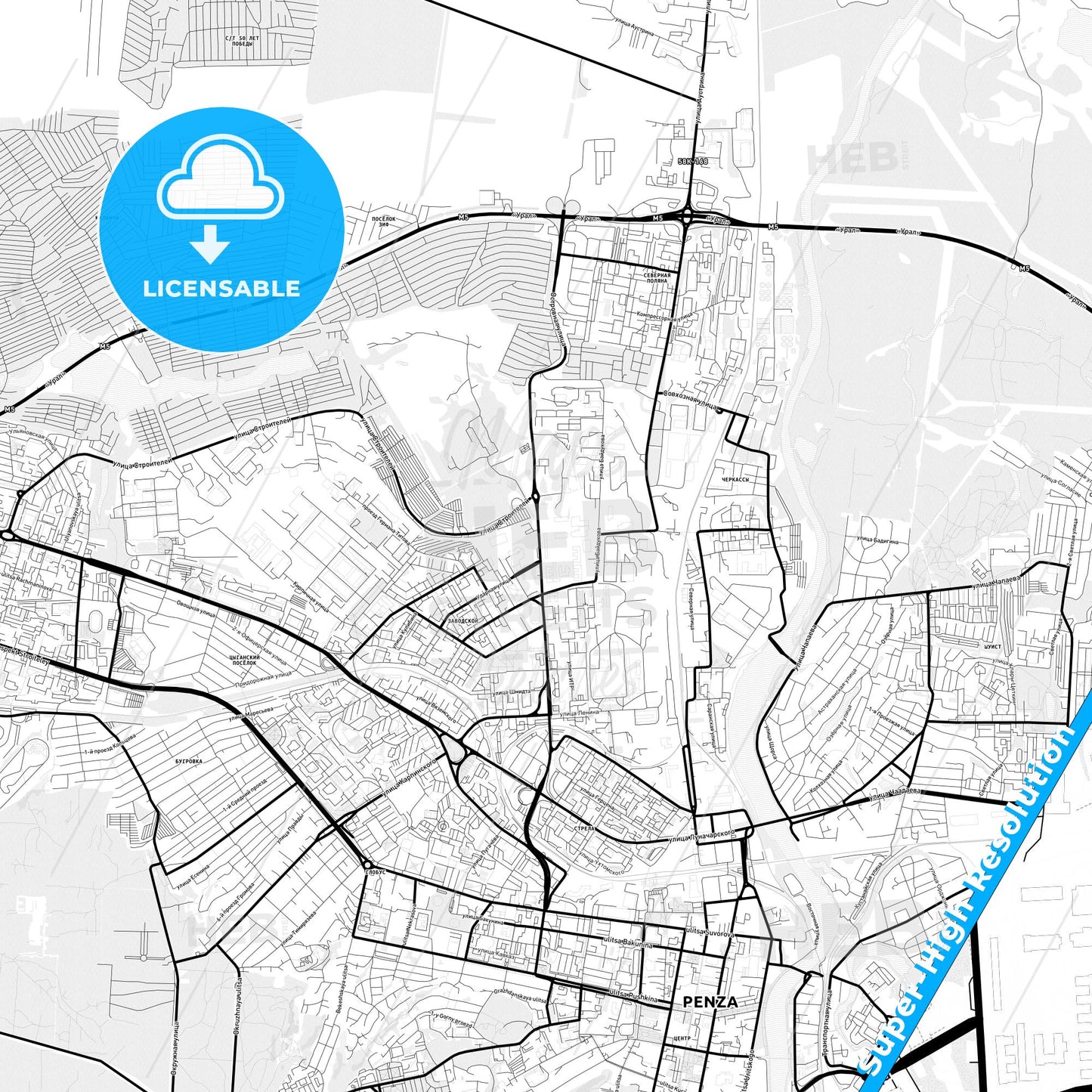 Penza, Russia Light Map with Street Names, City Names, and Districts